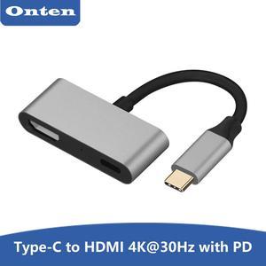 Type-C to HDMI + USB-C PD Adapter with USB-C Power Delivery Charging, Supports Max 4K@30Hz, Compatible with New MacBook, ChromeBook, EliteBook, Dell XPS and Galaxy S8/S8 Plus/S9/S9+/S10/S10+/S20.