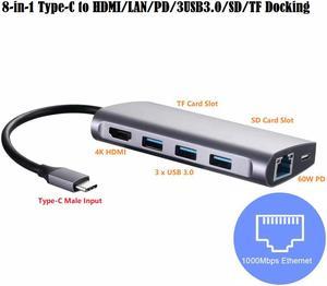 8in1 Type-C Dock 3 USB3.0 SD/TF Card HDMI Gigabit Ethernet USB-C HUB Digital Multiport Adapter Expansion Dock for Type-C Notebook or Laptop, Thunderbolt 3 Compatible 8-in-1 Converter, 8 in 1 USB C HUB