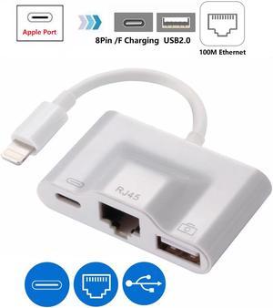 3-in-1 8 Pin HUB with RJ45 USB 8Pin, 8 Pin Female Charging for Apple Device, RJ45 100M Ethernet LAN, USB2.0 Port for Fast Data Transmission, Megabit LAN USB Charging Ports Adapter for iPhone iPad.