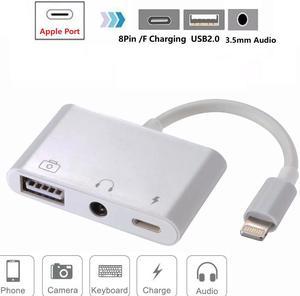 3-in-1 8 Pin HUB with USB 3.5mm 8Pin, 8 Pin Female Charging for Apple Devices, 3.5mm Audio Jack, USB2.0 Port for Data Transfer, 3.5mm Audio Adapter Headphone Charging Sync Data for Apple Devices.