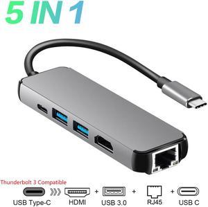 5 in 1 Type-C HUB USB C to 4K HDMI + Gigabit LAN + PD + USB3.0 Adapter, Support 1000Mbps Ethernet, PD 60W Quick Charging and 4K UHD Video Output for New Smart Phone, New MacBook ChromeBook.