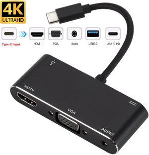 5in1 Type-C HUB USB C to 4K HDMI VGA 3.5mm Audio UHD Video Converter Dock with USB 3.0 and USB-C PD Charging for MacBook, ChromeBook and Galaxy S8/S8+/S9/S9+/S10/S10+/S20/S20+ and More.