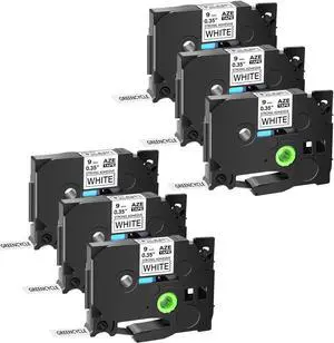 GREENCYCLE 6 Pack Compatible for Brother P-touch TZe-S221 TZeS221 TZ-S221 TZS221 TZe-221 TZe221 Extra Strength 9mm 0.35'' Black on White TZ TZe Ptouch Tapes 3/8 inch x 26.2ft Laminated Label Tape