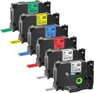 GREENCYCLE 6 Pack Compatible for Brother P-touch TZe-141 TZe-241 TZe-441 TZe-541 TZe-641 TZe-741 18mm x 8m Black on Clear/White/Red/Blue/Yellow/Green TZ TZe Ptouch Tapes Laminated Label Tape