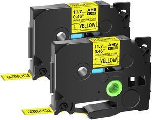 GREENCYCLE 2 Pack Compatible for Brother P-touch HSe-631 HSe631 HS-631 HS631 11.7mm 0.46'' x 1.5m Black on Yellow Heat Shrink Tubes for Wires Cables