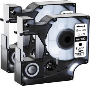 GREENCYCLE 2PK Black on White Label Tape for Dymo D1 45013 S0720530 LabelManager LabelPoint LabelWriter 3M Label Maker (12mm x 7m)