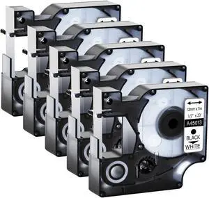 GREENCYCLE 5 Pack Compatible for Dymo D1 45013 45013S S0720530 45113 1/2'' 12mm x 7m Black on White Refill Label Tape