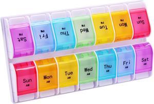 Greencycle Weekly Pill Organizer 7 Day Push-Button Arthritis Friendly, 2 Times A Day AM/PM BPA-Free Pill Box Large Compartments Pill Cases Design for Vitamins Fish Oil Supplements (Rainbow)