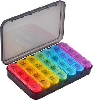 Greencycle Weekly Pill Organizer, 7 Day / 4 Times A Day Large Pill Cases Moisture-Proof Pill Box AM PM Medicine Organizer to Hold Vitamins Fish Oil Compartments Supplements (Rainbow)