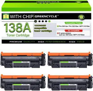 greencycle W1380A [with Chip] Compatible Toner Cartridge Replacement for HP 138A W1380A 138X W1380X Black Cartridge Laser Jet Pro 3001dw 3001fdw MFP 3101fdw Series Printer (4Pk)