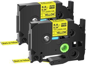 GREENCYCLE 2 Pack Compatible for Brother P-touch HSe-221 HSE621 HS-221 HS221 8.8mm 0.34'' x 1.5m Black on Yellow Heat Shrink Tubes for Wires Cables