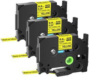 GREENCYCLE 3 Pack Compatible for Brother P-touch HSe-221 HSE621 HS-221 HS221 8.8mm 0.34'' x 1.5m Black on Yellow Heat Shrink Tubes for Wires Cables