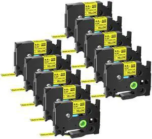 GREENCYCLE 10 Pack Compatible for Brother P-touch HSe-221 HSE621 HS-221 HS221 8.8mm 0.34'' x 1.5m Black on Yellow Heat Shrink Tubes for Wires Cables