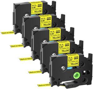 GREENCYCLE 5 Pack Compatible for Brother P-touch HSe-231 HSE631 HS-231 HS231 11.7mm 0.46'' x 1.5m Black on Yellow Heat Shrink Tubes for Wires Cables