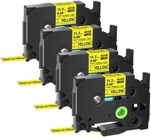 GREENCYCLE 4 Pack Compatible for Brother P-touch HSe-231 HSE631 HS-231 HS231 11.7mm 0.46'' x 1.5m Black on Yellow Heat Shrink Tubes for Wires Cables