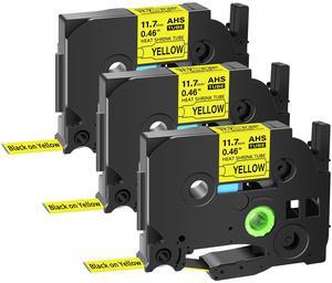 GREENCYCLE 3 Pack Compatible for Brother P-touch HSe-231 HSE631 HS-231 HS231 11.7mm 0.46'' x 1.5m Black on Yellow Heat Shrink Tubes for Wires Cables