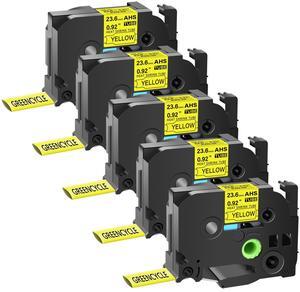 GREENCYCLE 5 Pack Compatible for Brother P-touch HSe-251 HSE651 HS-251 HS251 23.6mm 0.92'' x 1.5m Black on Yellow Heat Shrink Tubes for Wires Cables