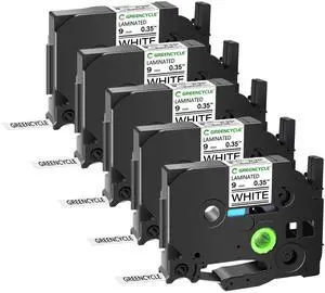 GREENCYCLE 5 Pack Compatible for Brother TZe-221 TZ-221 9mm 0.35" Laminated White Label Maker Tape Ptouch TZe221 TZ221 TZe TZ Label Tape for PT-D400AD PT-D410BT PT-D600 PT-D610BT PT-P710BT
