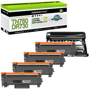 greencycle TN760 TN730 Toner Cartridge and DR730 Drum Unit Compatible with Brother TN-760 TN-730 DR-730 Work with HL-L2395DW HL-L2390DW HL-L2370DW MFC-L2750DW MFC-L2710DW (4 Toner, 1 Drum)