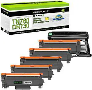 greencycle TN760 TN730 Toner Cartridge and DR730 Drum Unit Compatible with Brother TN-760 TN-730 DR-730 Work with HL-L2395DW HL-L2390DW HL-L2370DW MFC-L2750DW MFC-L2710DW (5 Toner, 1 Drum)