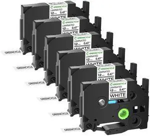 GREENCYCLE 6 Pack 12mm 0.47'' Laminated White Tape Compatible for Ptouch TZe-231 TZ-231 AZe-231 Label Maker Tape TZe231 TZ231 1/2'' TZe TZ Tape for Ptouch PT-H110 H100 D200 D210 D400 D600