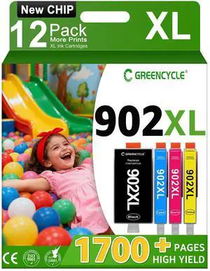 Greencycle 902XL Ink Cartridge Replacement for HP 902 XL 902XL Compatible with HP Officejet 6950 6951 6962 Officejet Pro 6968 6970 6960 Printer(12 Combo Pack, Black Cyan Magenta Yellow)