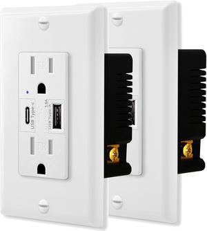 GREENCYCLE 2PK Ultra High Speed 5.8A USB Type C/A Dual USB Charging Ports 15A Tamper Resistant Receptacle White Duplex Outlets Wall Plates Socket Compatible with iPhone Samsung Smartphones UL Listed