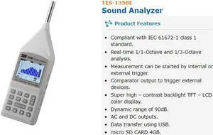 TES-1358E Sound Analyzer Real-time 1/1-Octave and 1/3-Octave analysis