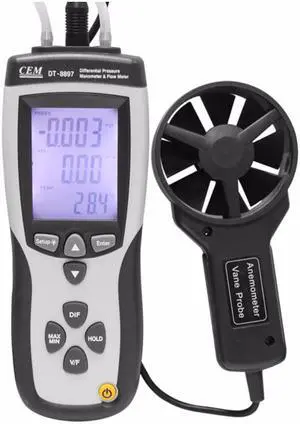 CEM DT-8897 Differential Pressure Manometer and Flow Meter Large LCD Display