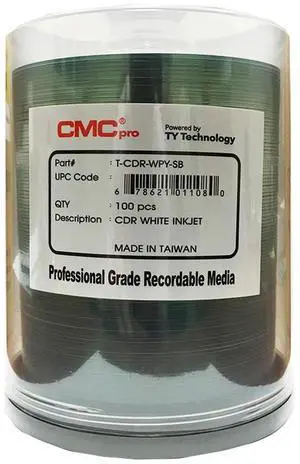 CMC Pro Taiyo Yuden 52X White Inkjet Printable CD-R (TCDR-WPY-SB) 100-Disc Cake Box