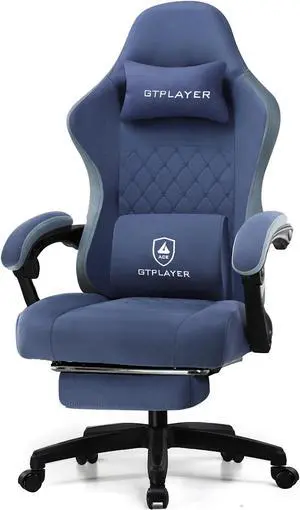 GTPLAYER Gaming Chair with Footrest Fabric Office Chair with Pocket Spring Cushion and Linkage Armrests, High Back Ergonomic Computer Chair with Lumbar Support Task Chair-Blue
