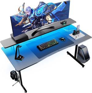 GTRACING 55 Inch Gaming Desk with LED Lights, Computer Gamer Desk with Monitor Stand, Ergonomic Carbon Fiber Surface Gaming Table with Power Outlet and Mouse Pad for Home Office, RGB