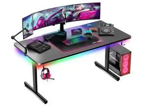GTRACING 55 Inch Gaming Desk with LED Lights, Large Computer Desk with Mouse Pad for Home Office, T-Shaped Carbon Fibre Surface PC Game Workstations with Headphone Hook