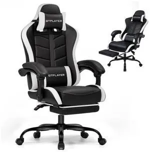 GTPLAYER Gaming Chair with Footrest, Ergonomic Game Chair for Adults and Kids, Adjustable Computer Chair with Reclining Function and Comfortable Headrest for Home and Office Use (White)