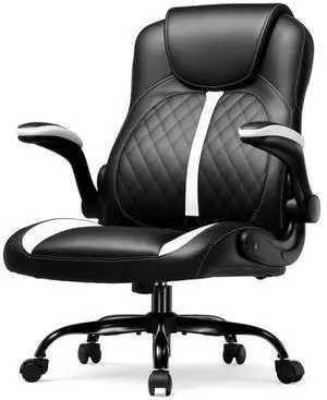 GTRACING Office Computer Gaming Chair Ergonomic Desk Chair for Adults with Lumbar Support Flip-Up Arms Adjustable Height Swivel Wheels PU Leather Executive Design for Short People Use (White)
