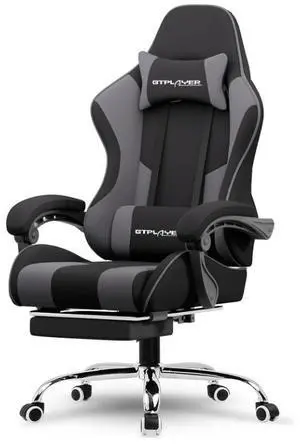 GTPLAYER Gaming Chair, Computer Chair with Footrest and Lumbar Support, Height Adjustable Game Chair with 360°-Swivel Seat and Headrest and for Office or Gaming (Gray, Fabric)