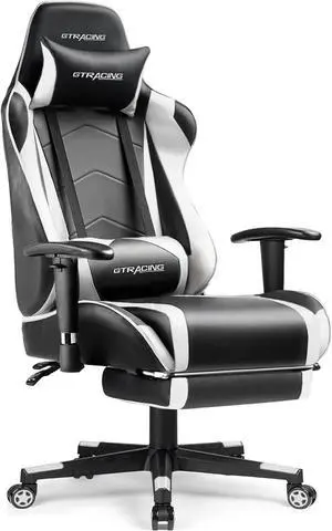 GTRACING Gaming Chair with Footrest, High Back Computer Chair Ergonomic Game Desk Chair Racing Executive Adjustable Swivel Rocker with Headrest and Lumbar Support (White)