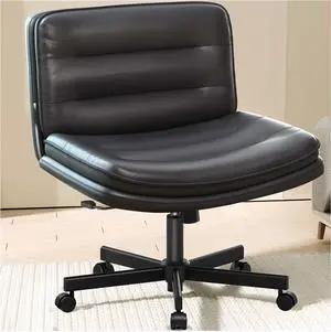 GTPLAYER Cross Legged Office Chair with Wheels Armless Office Desk Chair, Modern Vanity Computer Task Chairs for Home Bedroom, Comfortable Wide Seat for Lower Back Pain Relief, PU Leahter (Black)