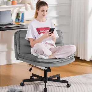 GTPLAYER Cross Legged Office Chair with Wheels Armless Office Desk Chair, Modern Vanity Computer Task Chairs for Home Bedroom, Comfortable Wide Seat for Lower Back Pain Relief/PU Leahter (Gray Velvet)