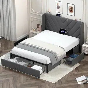 GTRACING Upholstered Platform Bed Frame with USB and Type-C Ports, V-Shape Wingback Headboard, Side Drawers and Oversize Footboard Storage, No Box Spring Needed, Queen Size Modern Base (Dark Grey)