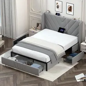 GTRACING Upholstered Platform Bed Frame with USB and Type-C Ports, V-Shape Wingback Headboard, Side Drawers and Oversize Footboard Storage, No Box Spring Needed, Queen Size Modern Base (Grey)
