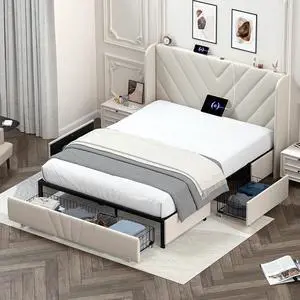 GTRACING Upholstered Platform Bed Frame with USB and Type-C Ports, V-Shape Wingback Headboard, Side Drawers and Oversize Footboard Storage, No Box Spring Needed, Queen Size Modern Base (White)