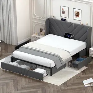 GTRACING Upholstered Platform Bed Frame with USB and Type-C Ports, V-Shape Wingback Headboard, Side Drawers and Oversize Footboard Storage, No Box Spring Needed, King Size Modern Base (Dark Grey)