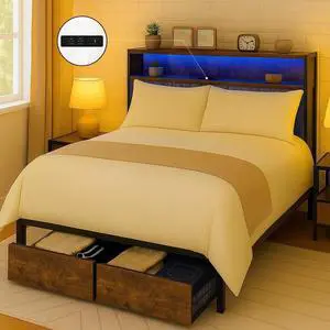 GTRACING Platform Bed Frame with LED Lights and Charging Station, Storage Headboard and Footboard Drawers, No Box Spring Needed, Rustic Wood Look (Queen (U.S. Standard))