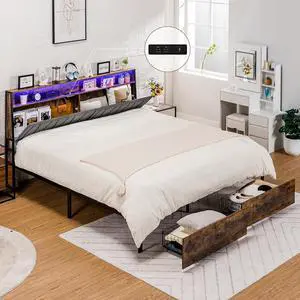 GTRACING Platform Bed Frame with LED Lights and Charging Station, Storage Headboard and Footboard Drawers, No Box Spring Needed, Rustic Wood Look (King (U.S. Standard))