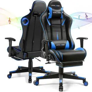 GTPLAYER Gaming Chair with Bluetooth Speakers, Ergonomic Office Chair with Footrest & Lumbar Support, Height Adjustable Swivel Video Game Chair for Adults, 300lb Max Blue