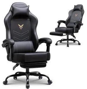 GTRACING Gaming Chair with Foot Rest, PC Computer Game Chair for Adults, Ergonomic High Back Home Office Desk Chair with Headrest & Lumbar Support BLACK-With Footrest
