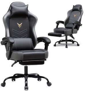 GTRACING Gaming Chair with Foot Rest, PC Computer Game Chair for Adults, Ergonomic High Back Home Office Desk Chair with Headrest & Lumbar Support GREY-With Footrest