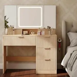 GTRACING Wood Makeup Vanity with 3-Way Mirrors, Vanity Desk with Light and Wider Angle View Mirrors, 6 Drawers, 3 Lighting Modes Adjustable, Storage Cabinets Fluted Vanity Table with Jewelry Hooks GTRACING Wood Makeup Vanity with 3-Way Mirrors, Vanity Desk with Light and Wider Angle View Mirrors, 6 Drawers, 3 Lighting Modes Adjustable, Storage Cabinets Fluted Vanity Table with Jewelry Hooks