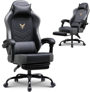 Gaming Chair, Office Chair High Back Computer Chair with/without Footrest for Adults, Leather Desk Chair Executive Ergonomic Height Adjustable with Headrest and Lumbar Support, 300lbs, balck/grey Gaming Chair, Office Chair High Back Computer Chair with/without Footrest for Adults, Leather Desk Chair Executive Ergonomic Height Adjustable with Headrest and Lumbar Support, 300lbs, balck/grey
